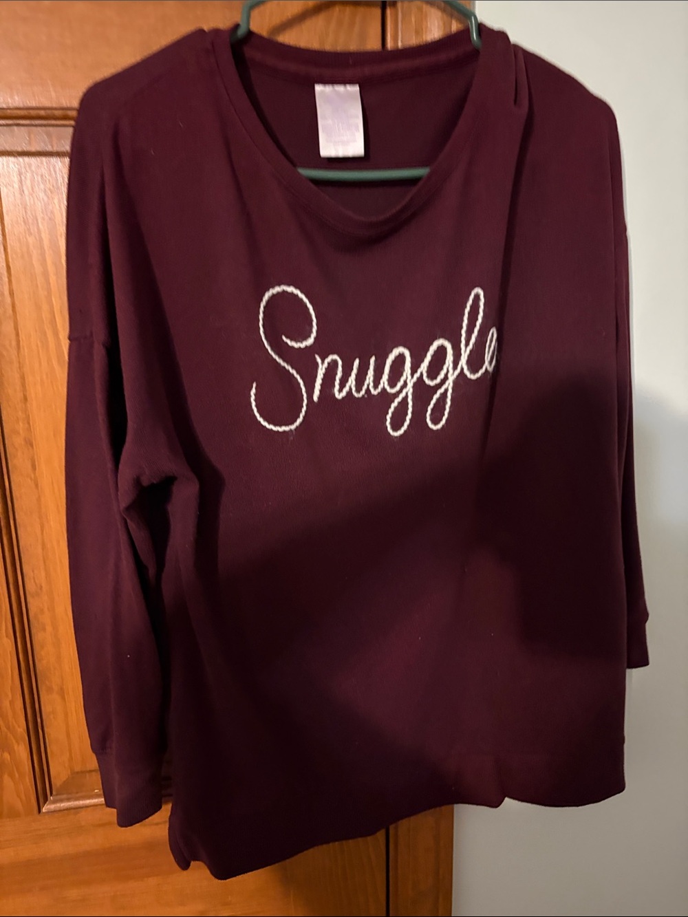 Secret Treasures Burgundy "Snuggle" Embroidered Long Sleeve Top